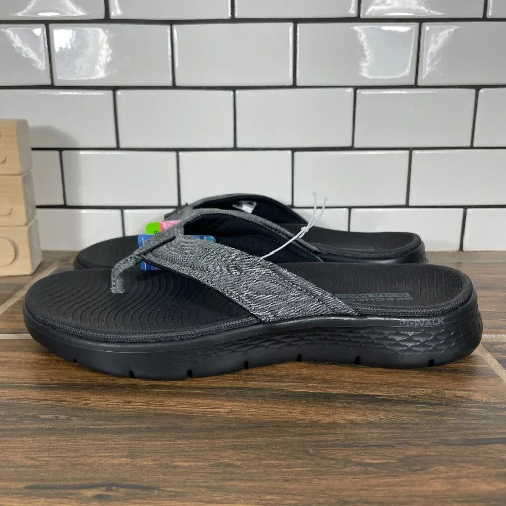 Skechers GOwalk Womens 7 Shoes Black Gray On The Go Thong Flip Flop Sandal NEW